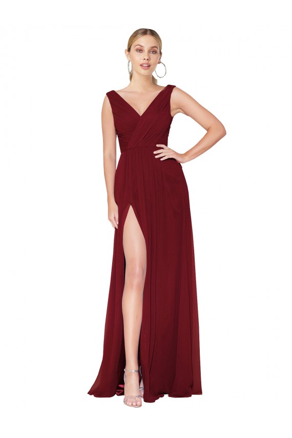 Cheapest Draped Mermaid Long V-Neck Chiffon Prom Dress with High Slit UK