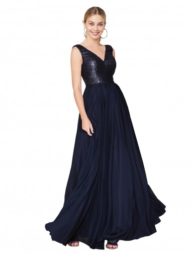 Cheapest High Neck V-Neck Long Chiffon Prom Dress with Sequin Top UK