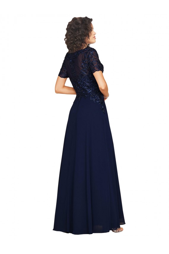 Cheapest Short Sleeves A-Line Long Chiffon Prom Dress with Beaded Bodice UK