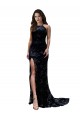 Cheapest High Neckline Lace Open Back Prom Dress with High Slit UK