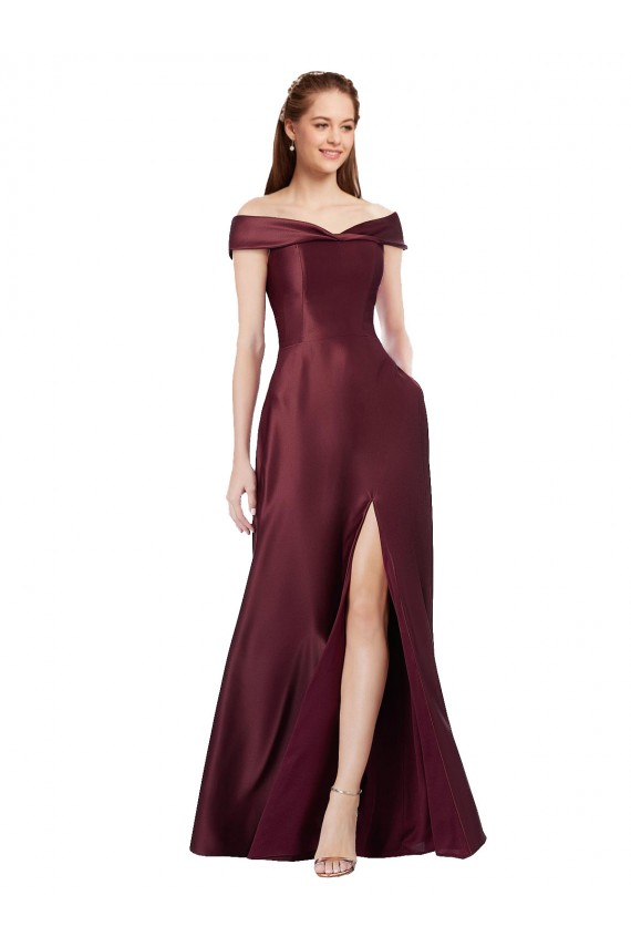 Cheapest Long Off the Shoulder Satin Prom Dress with Thigh-high Slit UK