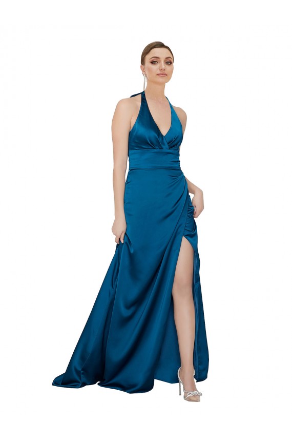 Cheapest Halter Neck Silky Satin Prom Dress UK