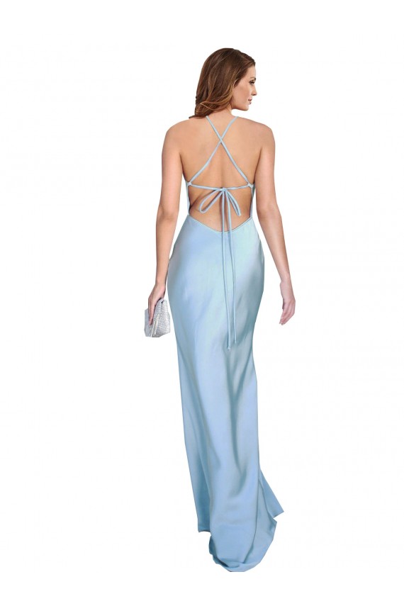 Cheapest Open Back with Ties Cowl Neck Sheath Silky Satin Long Bridessmaid Dress UK