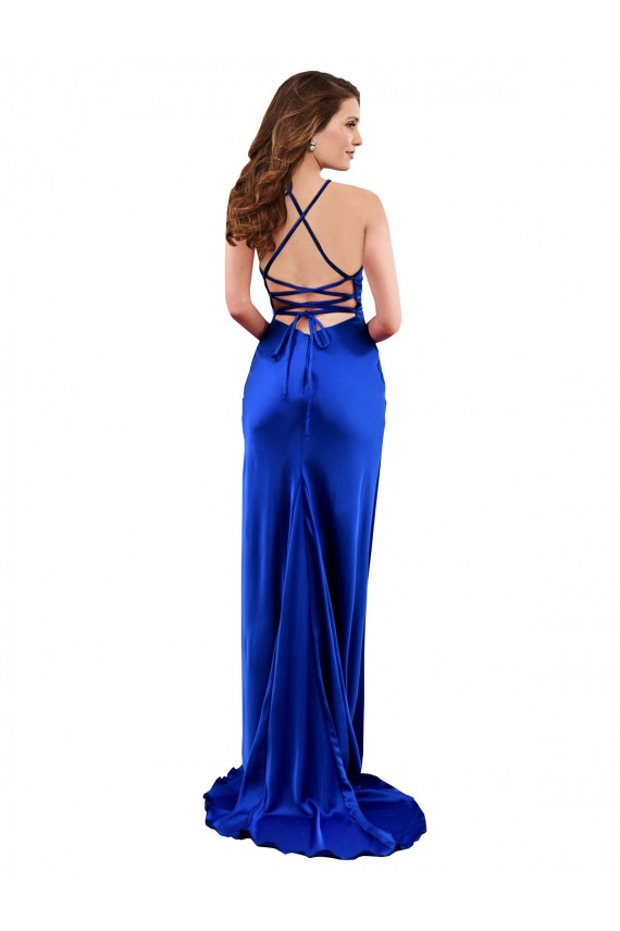 Cheapest Open Back Cowl Neck Long Silky Satin Prom Dress UK