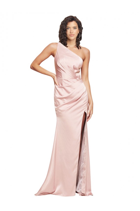 Cheapest Full Length Ruched Silky Satin Prom Dress with Low Back and High Split UK