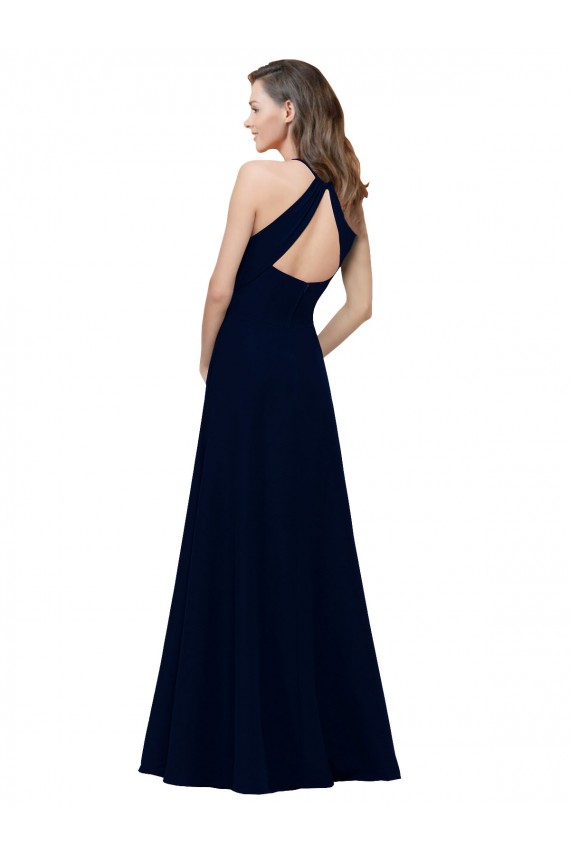 Cheapest High Neck Crepe Prom Dress with Pleats and Keyhole Back UK