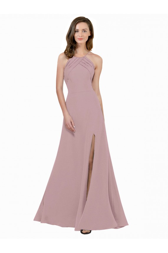 Cheapest High Neck Crepe Prom Dress with Pleats and Keyhole Back UK