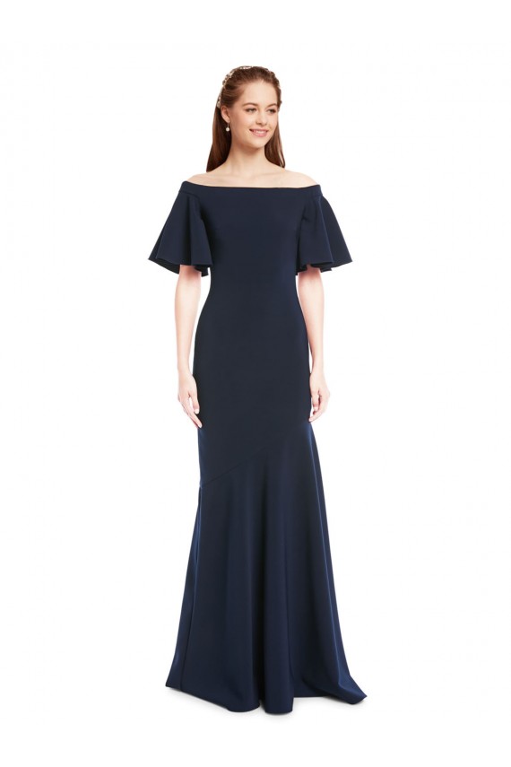 Cheapest Off the Shoulder Crepe Prom Dress with Short Ruffle Sleeves. UK
