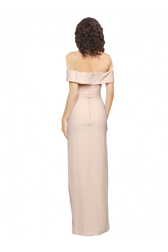 Cheapest Off the Shoulder Long Crepe Prom Dress with Waist Tie and Slit UK