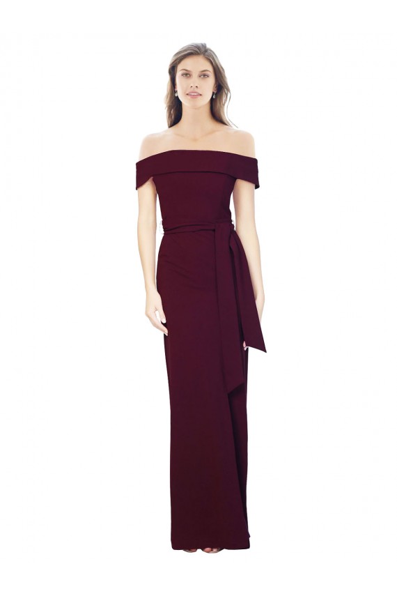 Cheapest Off the Shoulder Long Crepe Prom Dress with Waist Tie UK