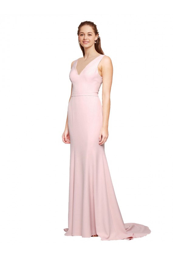 Cheapest Deep V-Neckline and Back Long Sweep Train Crepe Prom Dress with Shoulder Straps UK