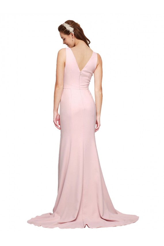 Cheapest Deep V-Neckline and Back Long Sweep Train Crepe Prom Dress with Shoulder Straps UK
