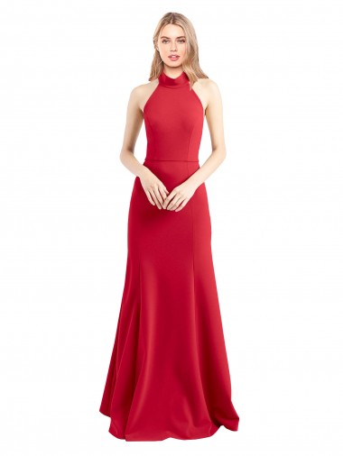 Cheapest Sleek Fit and Flare High Neck Halter Stretch Crepe Prom Dress with Open Back UK