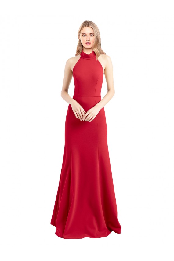 Cheapest Sleek Fit and Flare High Neck Halter Stretch Crepe Prom Dress with Open Back UK