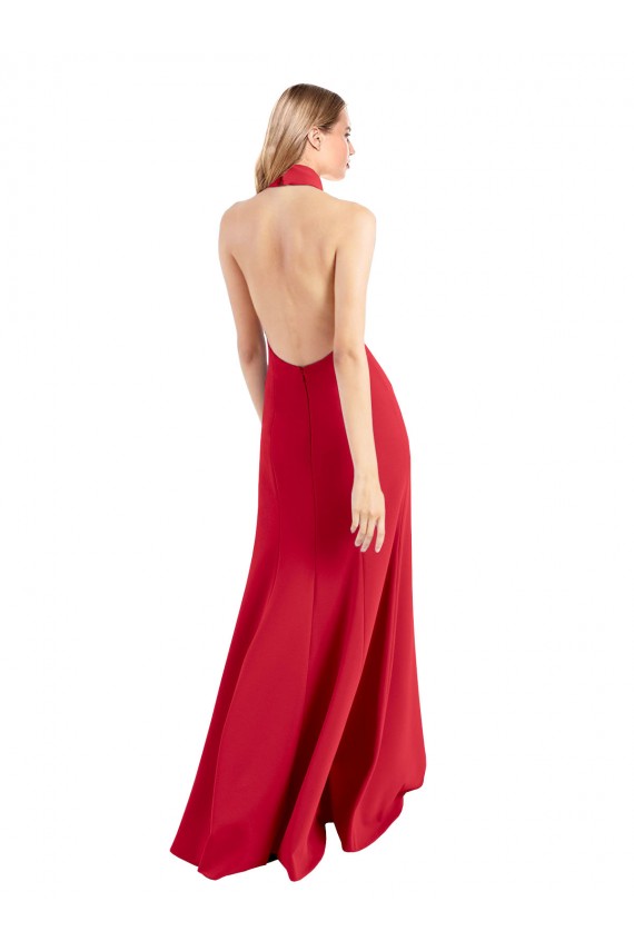 Cheapest Sleek Fit and Flare High Neck Halter Stretch Crepe Prom Dress with Open Back UK