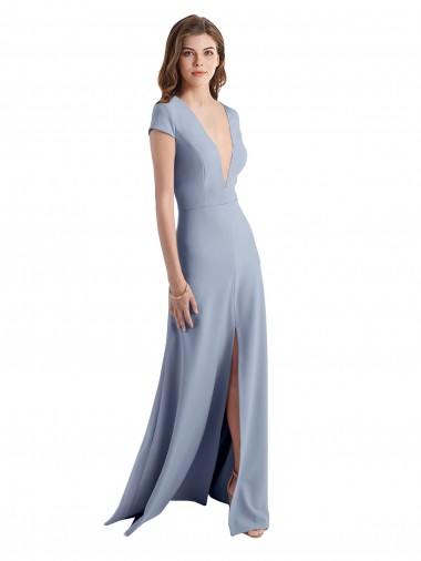 Cheapest Plunging V-Neck Cap Sleeves Stretch Crepe Prom Dress with Front Slit UK