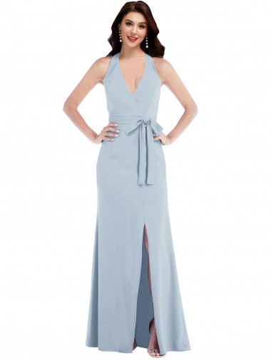 Cheapest Open Back Halter Maxi Crepe Prom Dress with Draped Bow UK
