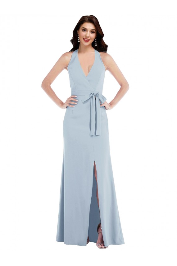 Cheapest Open Back Halter Maxi Crepe Prom Dress with Draped Bow UK