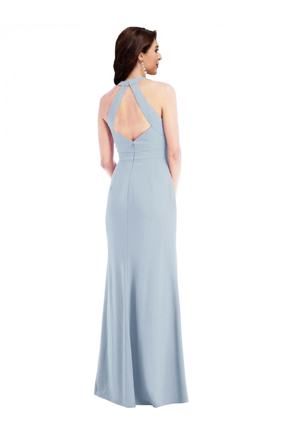 Cheapest Open Back Halter Maxi Crepe Prom Dress with Draped Bow UK