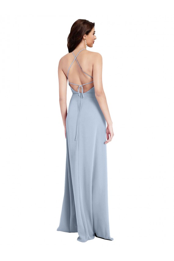 Cheapest Fit and Flare High Neck Crepe Prom Dress with Side Slit UK