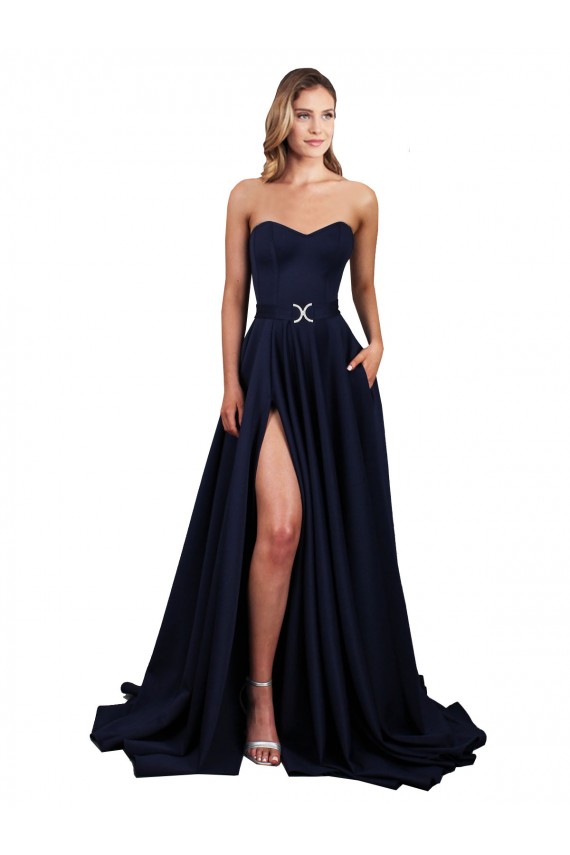 Cheapest Sweetheart Neckline Low Back Long Crepe Prom Dress with High Leg Spit & Pockets UK