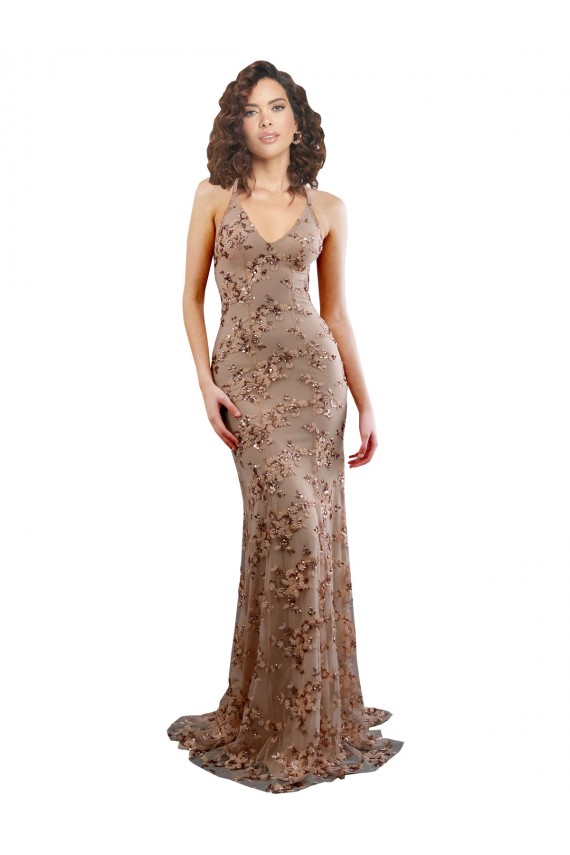 Cheapest Floral Patterned Backless V-Neckline Sequin Prom Dress UK