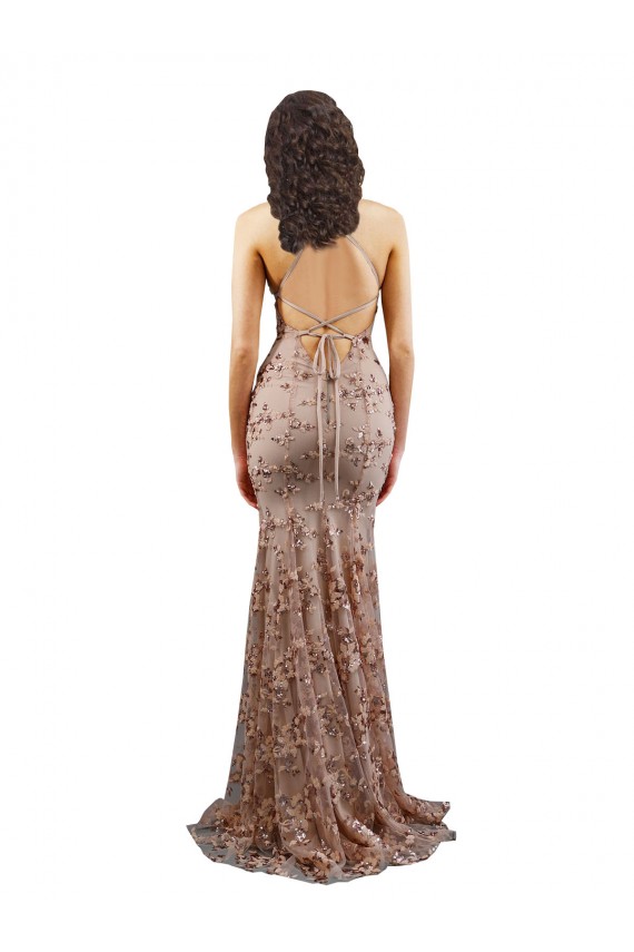 Cheapest Floral Patterned Backless V-Neckline Sequin Prom Dress UK