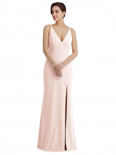 Cheapest Skinny Strap Deep V-Neck Trumpet Crepe Prom Dress with Front Slit UK