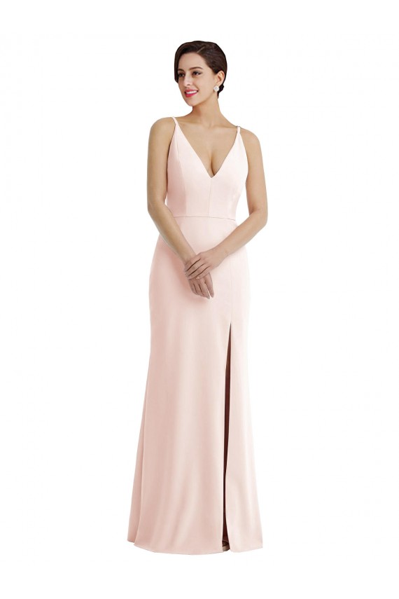 Cheapest Skinny Strap Deep V-Neck Trumpet Crepe Prom Dress with Front Slit UK