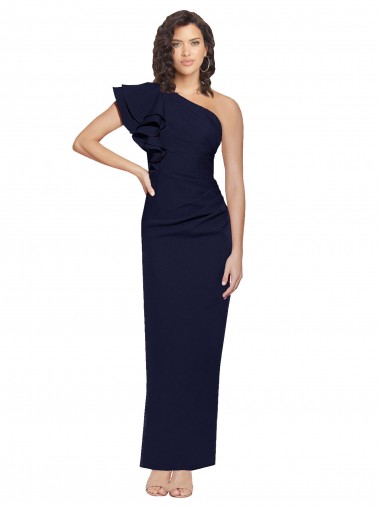 Cheapest Ruched Floor Length Long Crepe Prom Dress with Shoulder Ruffles UK