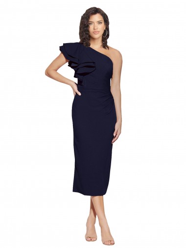 Cheapest Ruched Midi Length Short Crepe Cocktail Prom Dress / Homecoming Dress with Shoulder Ruffles UK