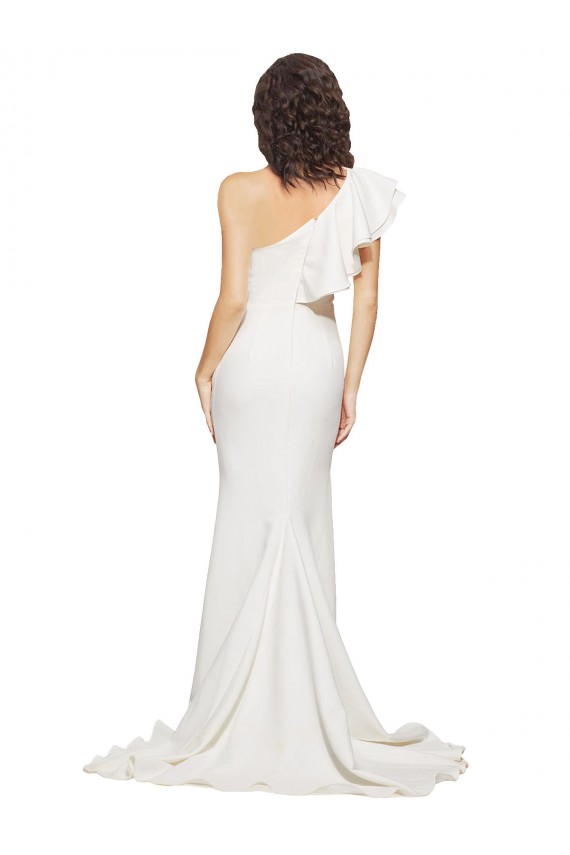 Cheapest Ruched Long Sweep Train Crepe Prom Dress with Shoulder Ruffles UK