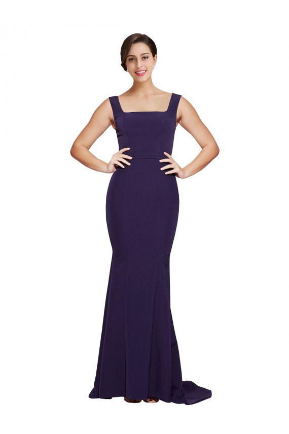 Cheapest Square Neck Long Sweep Train Crepe Prom Dress with Thick Straps UK