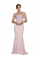 Cheapest Straight Neck Long Strapless Crepe Prom Dress with Soft Tulle Overlay and Small Train UK