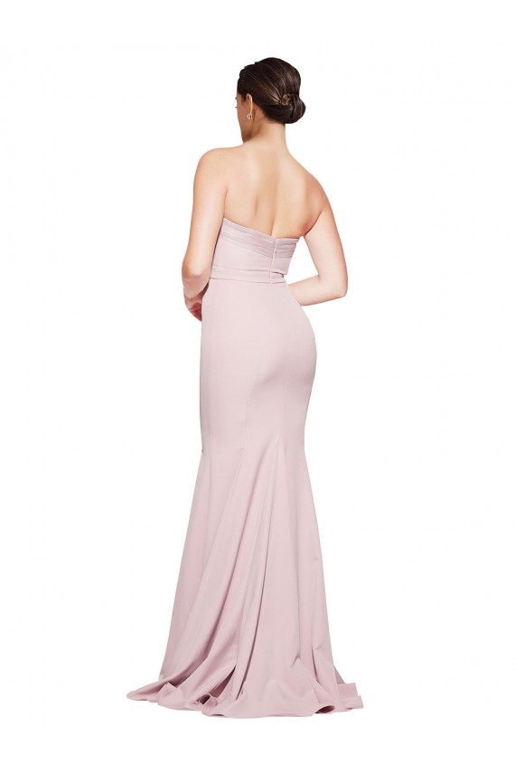 Cheapest Straight Neck Long Strapless Crepe Prom Dress with Soft Tulle Overlay and Small Train UK