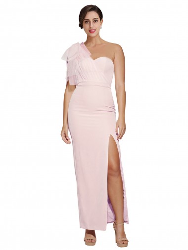 Cheapest One Shoulder Tulle Overlay Sweetheart Neckline Long Crepe Prom Dress with Thigh Split UK