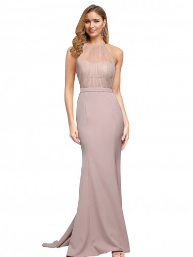 Cheapest Long Sweetheart Crepe Prom Dress with High Neck Illusion Tulle Details UK