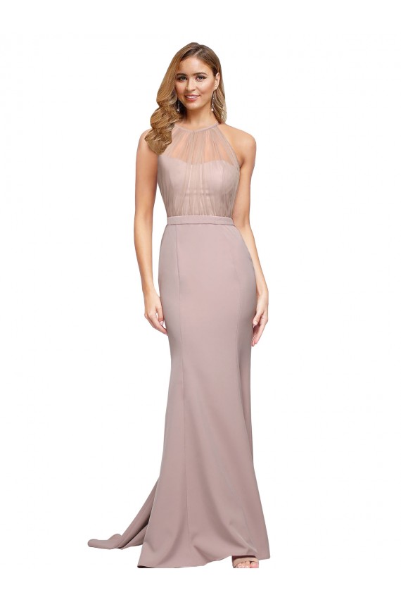 Cheapest Long Sweetheart Crepe Prom Dress with High Neck Illusion Tulle Details UK