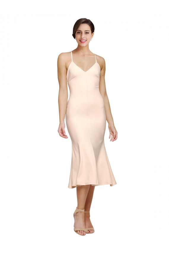 Cheapest Midi Length V-Neckline Crepe Cocktail Prom Dress / Homecoming Dress with Thin Straps and Fulted Skirt UK