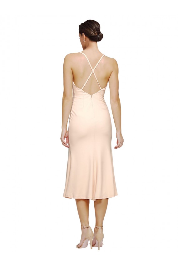 Cheapest Midi Length V-Neckline Crepe Cocktail Prom Dress / Homecoming Dress with Thin Straps and Fulted Skirt UK