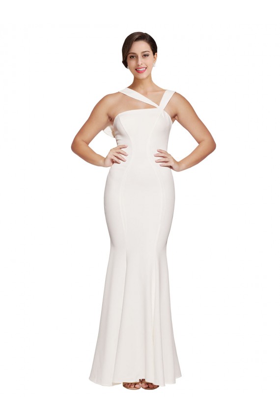 Cheapest Full Length Square Neck Crepe Prom Dress with Asymmetrical Straps and Bow Back UK