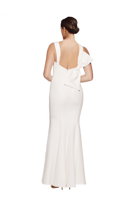 Cheapest Full Length Square Neck Crepe Prom Dress with Asymmetrical Straps and Bow Back UK