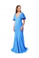 Cheapest Short Sleeves Long V-Neck Crepe Prom Dress with V-Back UK