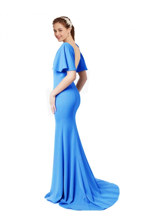 Cheapest Short Sleeves Long V-Neck Crepe Prom Dress with V-Back UK