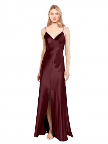 Cheapest Sleek Spaghetti Straps V-Neck Stretch Satin Prom Dress with Center Front Slit UK