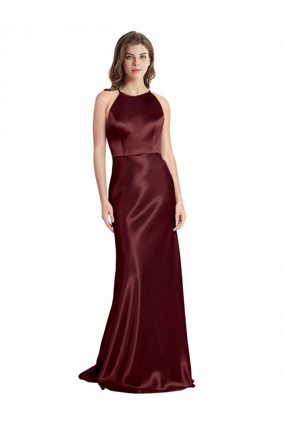 Cheapest High Neck Halter Long Sleeveless Stretch Satin Prom Dress with Strappy Back UK