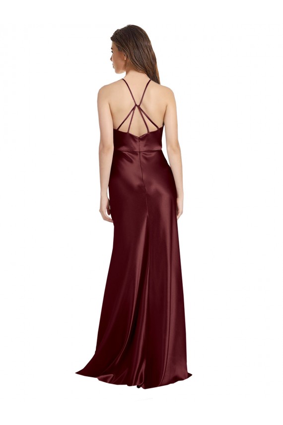 Cheapest High Neck Halter Long Sleeveless Stretch Satin Prom Dress with Strappy Back UK