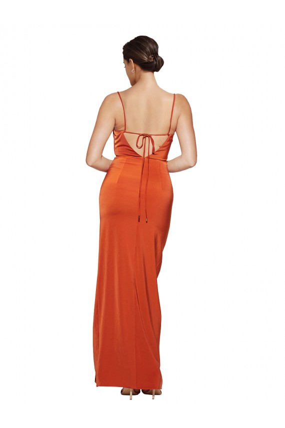 Cheapest Front Cowl Neck Long Floor Length Stretch Satin Prom Dress with High Side Split UK
