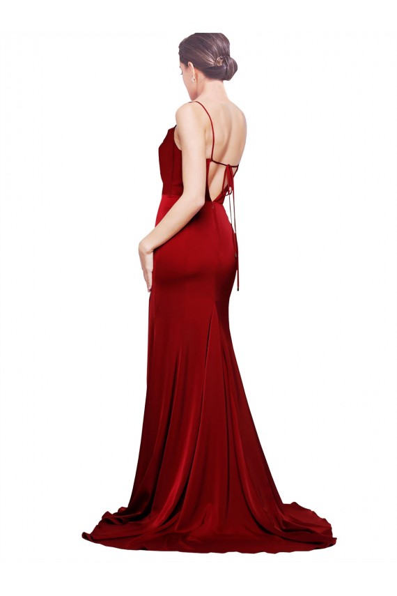 Cheapest Cowl Front Neck Sweep Train Stretch Satin Prom Dress with High Side Split UK