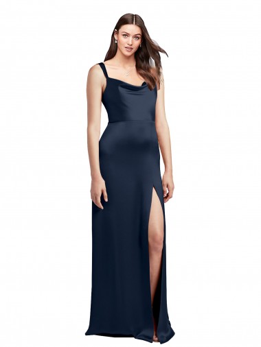 Cheapest Cowl Neck Soft Long Stretch Satin Prom Dress with Side Slit and Pleated Straps UK